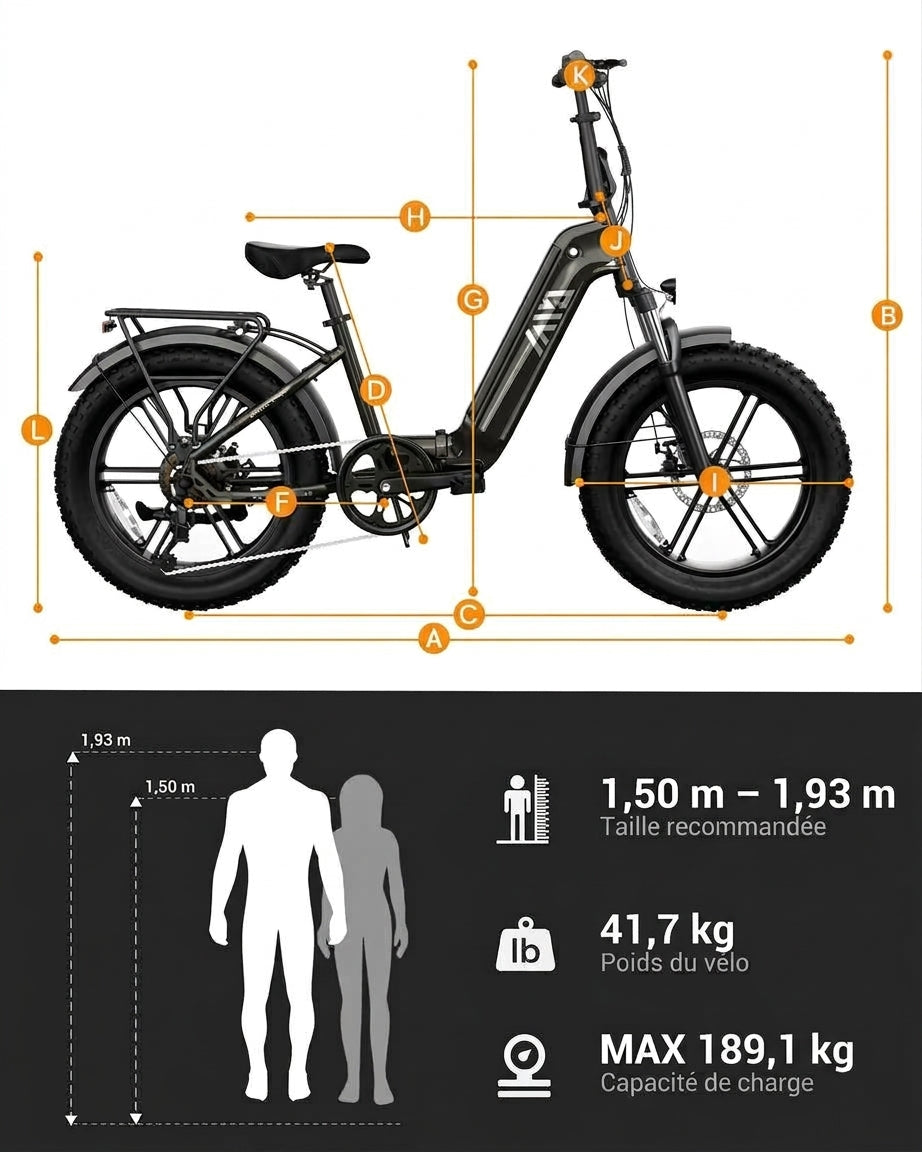 Dimensions du fat bike électrique pliable Le Facile, taille de cycliste conseillée de 1,50 m à 1,93 m