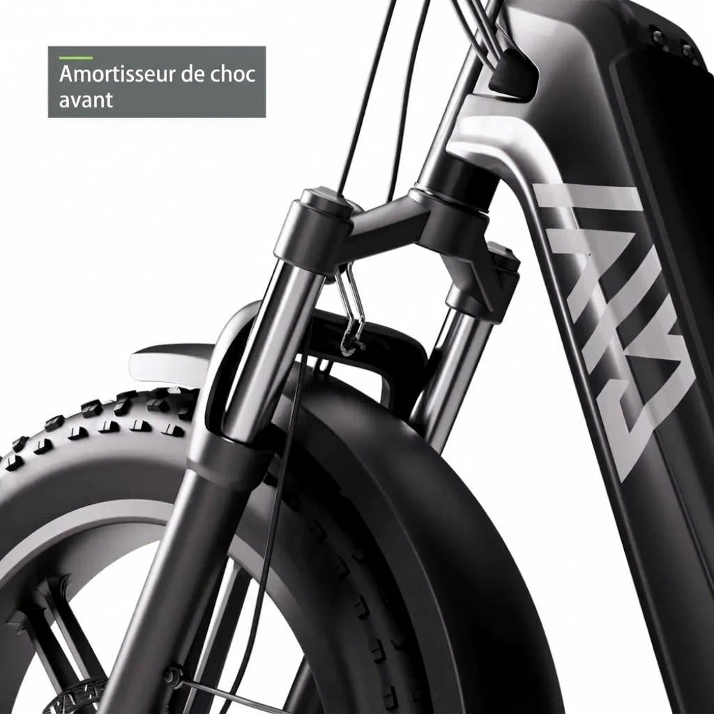 Fourche à suspension avant d'un fat bike électrique pliable, gros plan