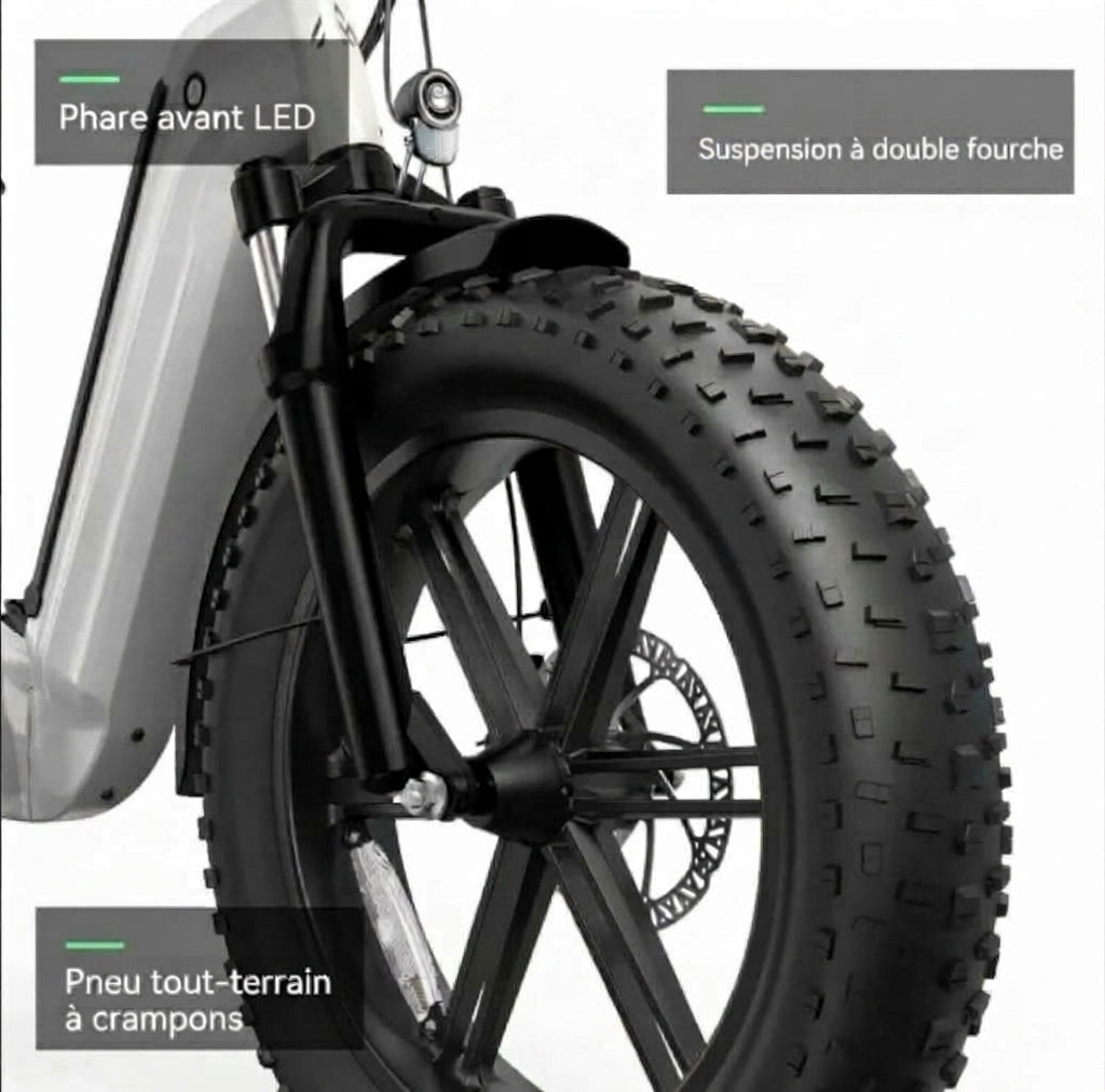 Roue avant à pneu tout-terrain, phare LED et fourche à double suspension d'un fat bike électrique, gros plan