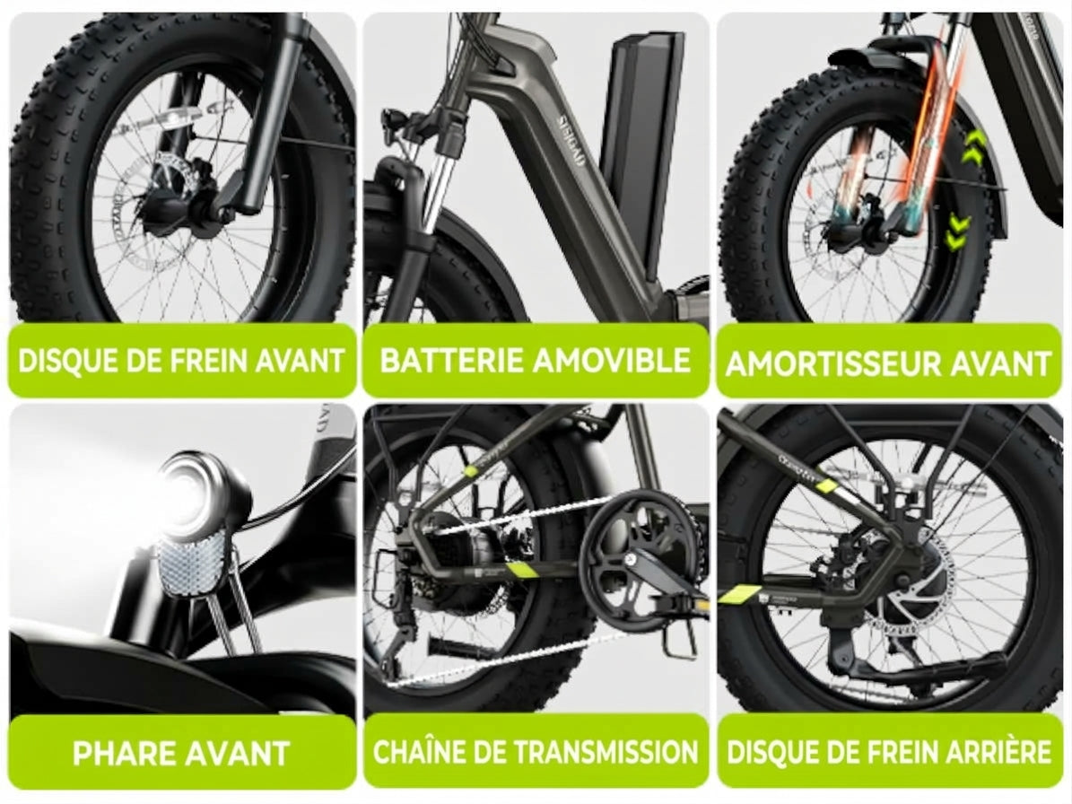 Détails d'un fat bike électrique pliable : frein avant, batterie amovible, amortisseur, chaîne de transmission et disque de frein